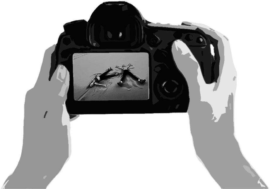 Illustration of two hands holding a DSLR camera, drawn from one of Dahlia's own photographs.